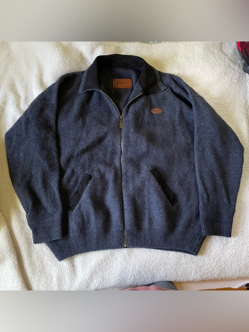 McDonald Navy Possum Merino Lambs Wool Zip Jacket With Leather Trim XXL Vintage